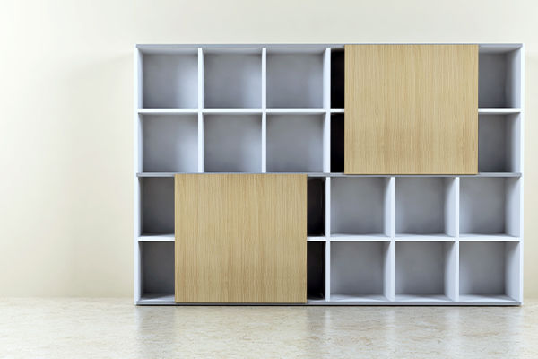 Cube bookcase with oak sliding doors