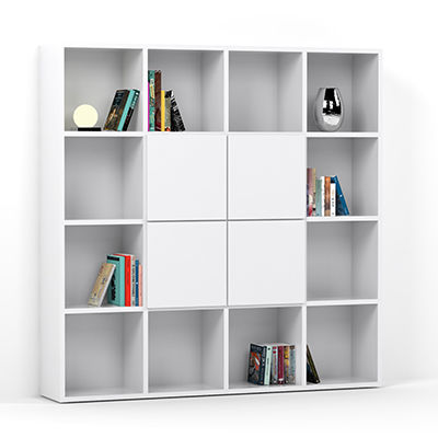 White cube bookcase with hinged doors