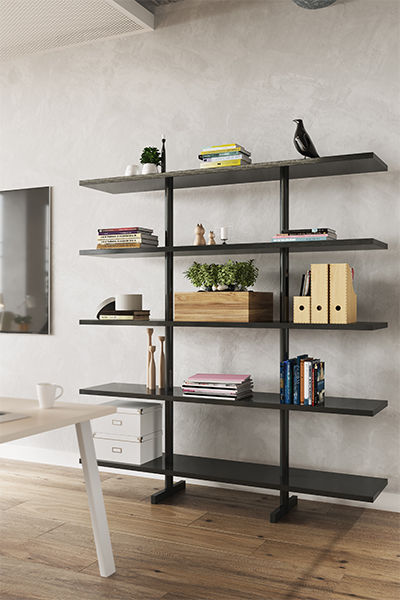 Essenza bookcase with black structure and anthracite lacquered shelves